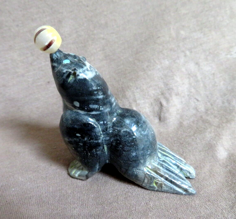 Native Zuni Picasso Marble Seal w Ball fetish Carving  by Freddie Leekya C4550