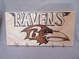 Native American Zuni Handmade Wood Burned Baltimore Ravens Key Holder  M0081