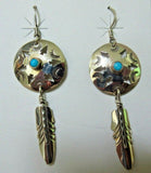 Navajo Turquoise & Sterling w/ Feathers Dangle Hook Earrings by Jeff James JE469
