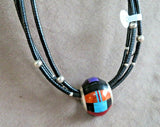 Santo Domingo 4 Strand Jet Heishi Necklace w Inlaid Slider by Daniel Coriz JN444