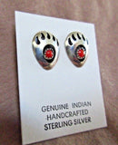 Native Navajo  Coral Bear Paw Sterling  Earrings by Janice Spencer  JE371