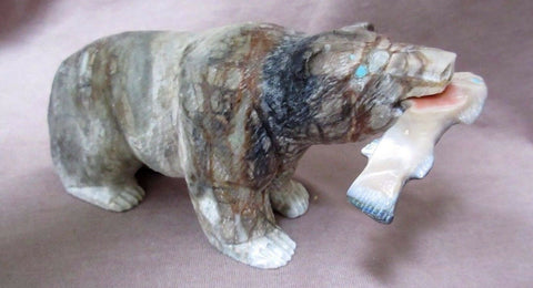 Zuni Museum Quality HUGE Picasso Marble Bear & Fish Fetish by Herb Him Sr C0395