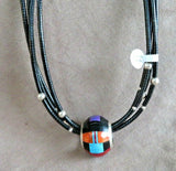 Santo Domingo 4 Strand Jet Heishi Necklace w Inlaid Slider by Daniel Coriz JN444