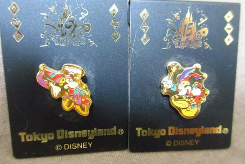 Tokyo Disneyland 15th Anniversary mini Jester Mickey & Minnie Mouse pin set