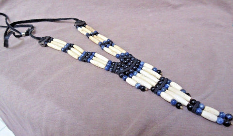 Native Navajo Blue Goldstone, Sodalite & Leather 3 strand Bone necklace JN0228