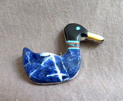 Zuni Multi-Stone & Sterling Inlay Duck Pin Pendant by Justin Natewa  JP268
