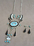 Zuni Turquoise, Opal & Jet Sunface Inlay Necklace & Earrings by JD Massie JN349