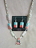 Navajo Stunning Turquoise, Coral & Sterling Box Necklace & earrings by S P JN409