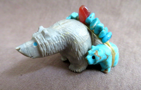 Zuni Picasso Marble Bear w/ Turquoise Baby Fetish by Farlan & P Quam - C4490