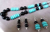 Navajo Turquoise & Onyx bead Necklace w/ silver clasp & Matching Earrings JN0041