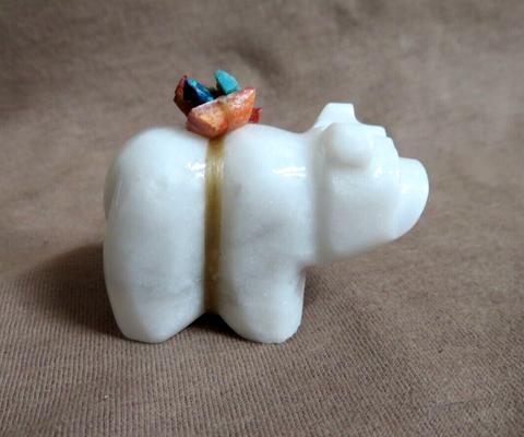 Native Zuni White Marble Protective Bear Fetish Carving by Daryl Shack - C4637