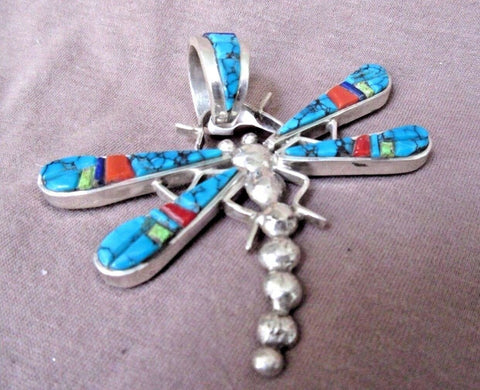 Navajo Turquoise & Multi-stone Reversible Dragonfly Pendant by Merle House JP154
