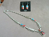 Navajo Stunning Turquoise, Coral & Sterling Box Necklace & earrings by S P JN409