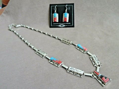 Navajo Stunning Turquoise, Coral & Sterling Box Necklace & earrings by S P JN409