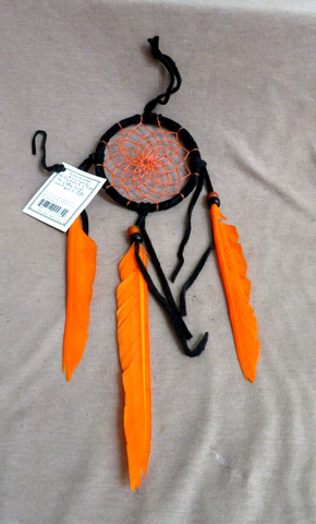 Native Navajo Handmade Medium Size Orange & Black Leather Dream Catcher  M0371
