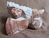 Native Navajo Alabaster  Native Woman, Bear & Olla Sculpture by S Enoah  M0216