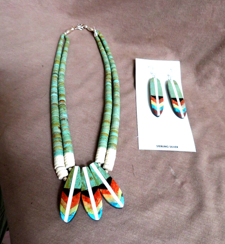 Santo Domingo Multistone & Turquoise Feather Necklace & Earrings - R Coriz JN482