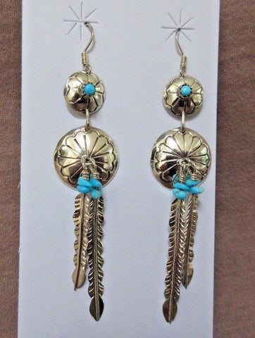 Navajo Turquoise & Sterling Silver w/ Feathers Dangle Hook Earrings JE0266