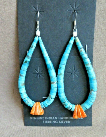 Santo Domingo Stunning Turquoise & Coral Hook Earrings by Lupe Lovato JE556