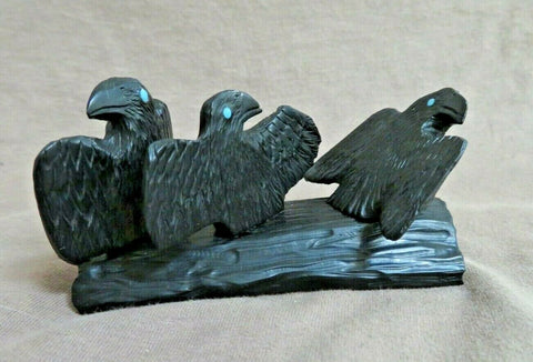 Native American Zuni Jet Triple Ravens Fetish Carving by Rochelle Quam  C3687
